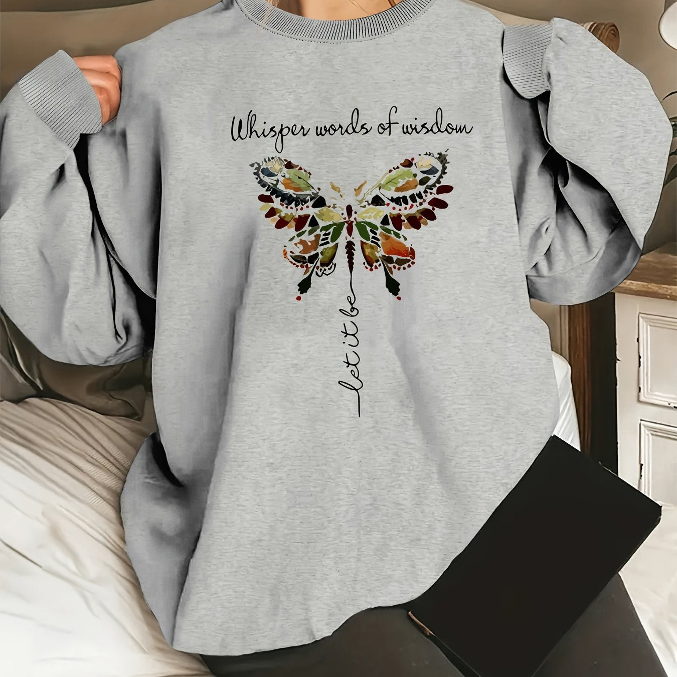Women's Oversized Butterfly Graphic Long Sleeve Sweatshirt, Round Neck, Casual, Machine Washable