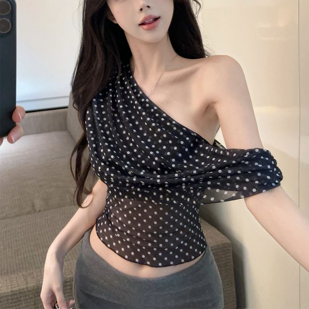 Retro Polka Dot Mesh Top – Slim Fit, Sexy Short Sleeve