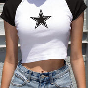 Unique Pentagram Crop Top – Trendy Starry Sky Short Sleeve