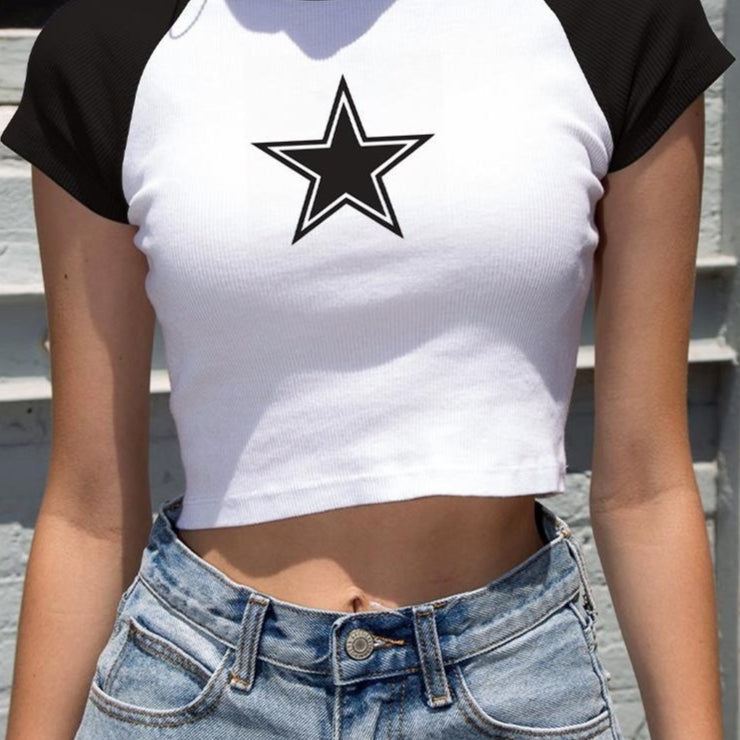 Unique Pentagram Crop Top – Trendy Starry Sky Short Sleeve