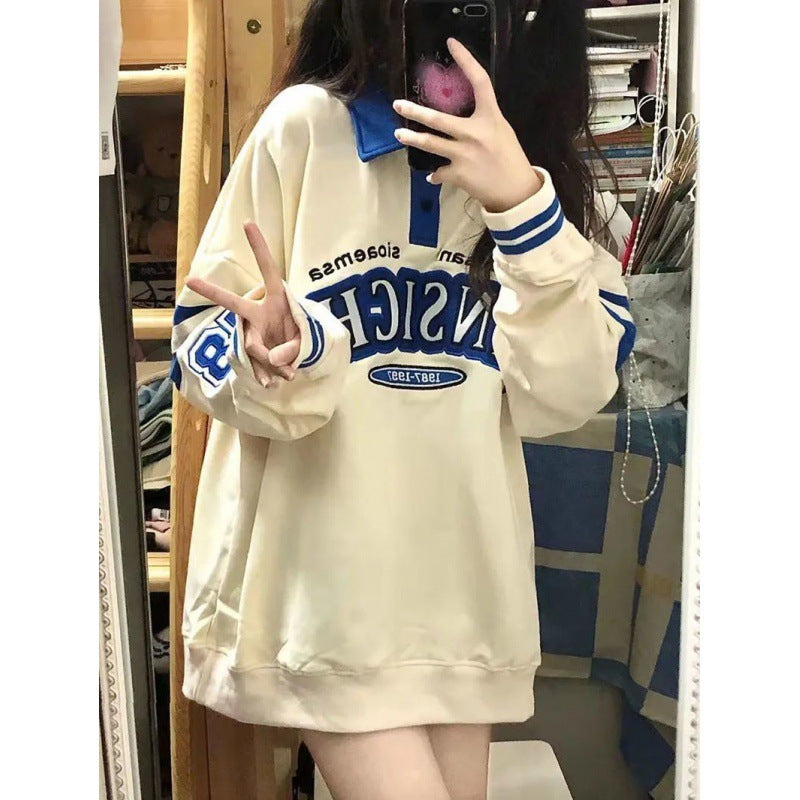 Retro Japanese Color-Block Loose Long Sleeve Pullover Sweatshirt