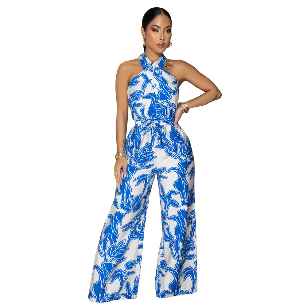 Women's Sexy Halter-Neck Printed Wide-Leg Jumpsuit