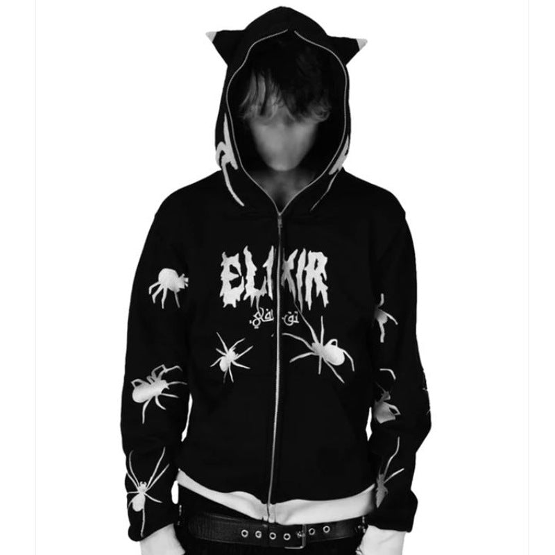 Rhinestone Spider Zip-Up Cardigan Jacket