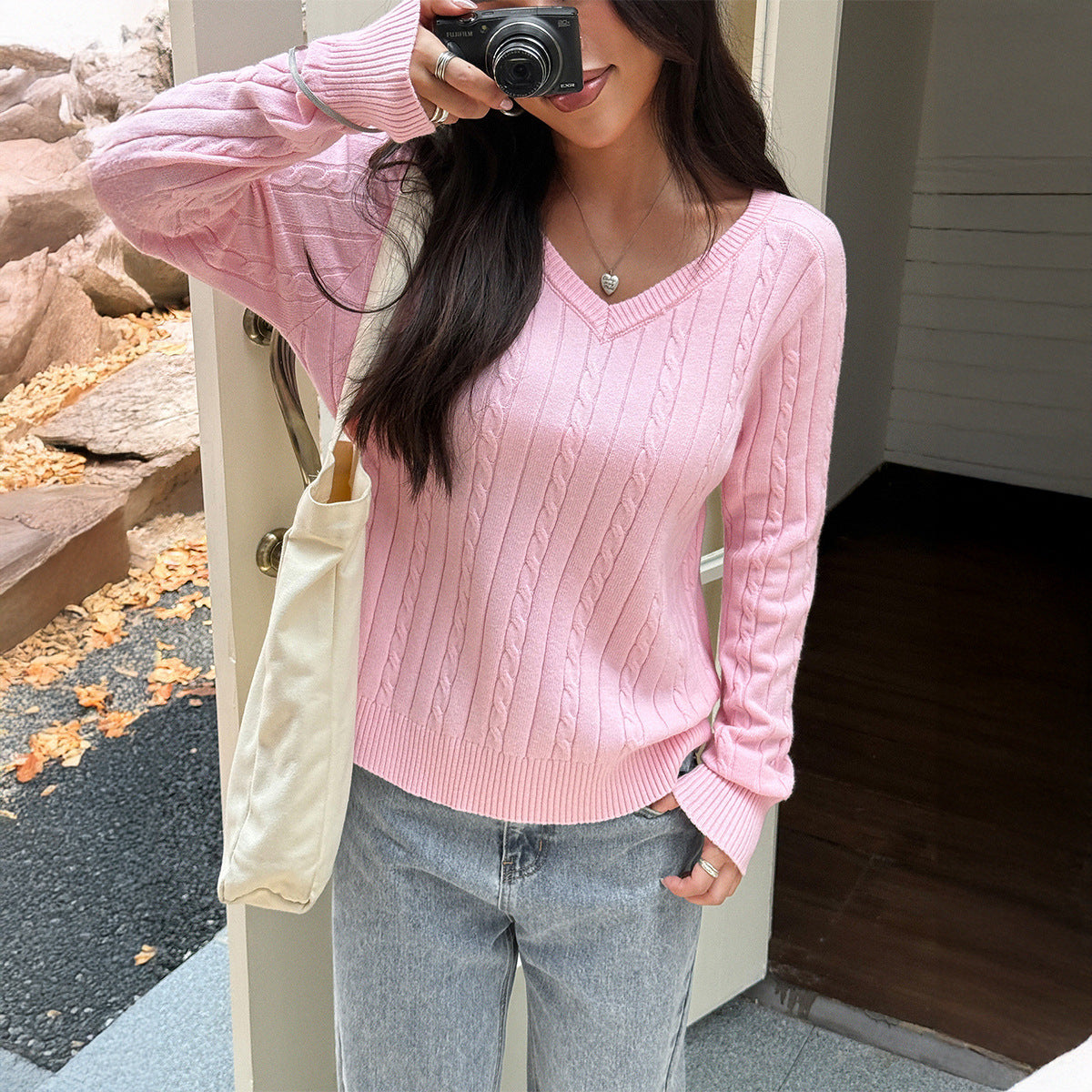 Women's V-neck Woolen Long-sleeved Sweater