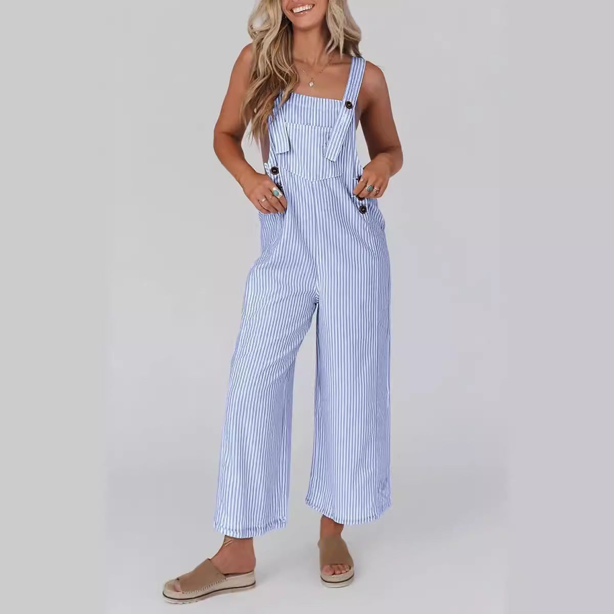 Sleeveless Striped Button-Down Work Jumpsuit