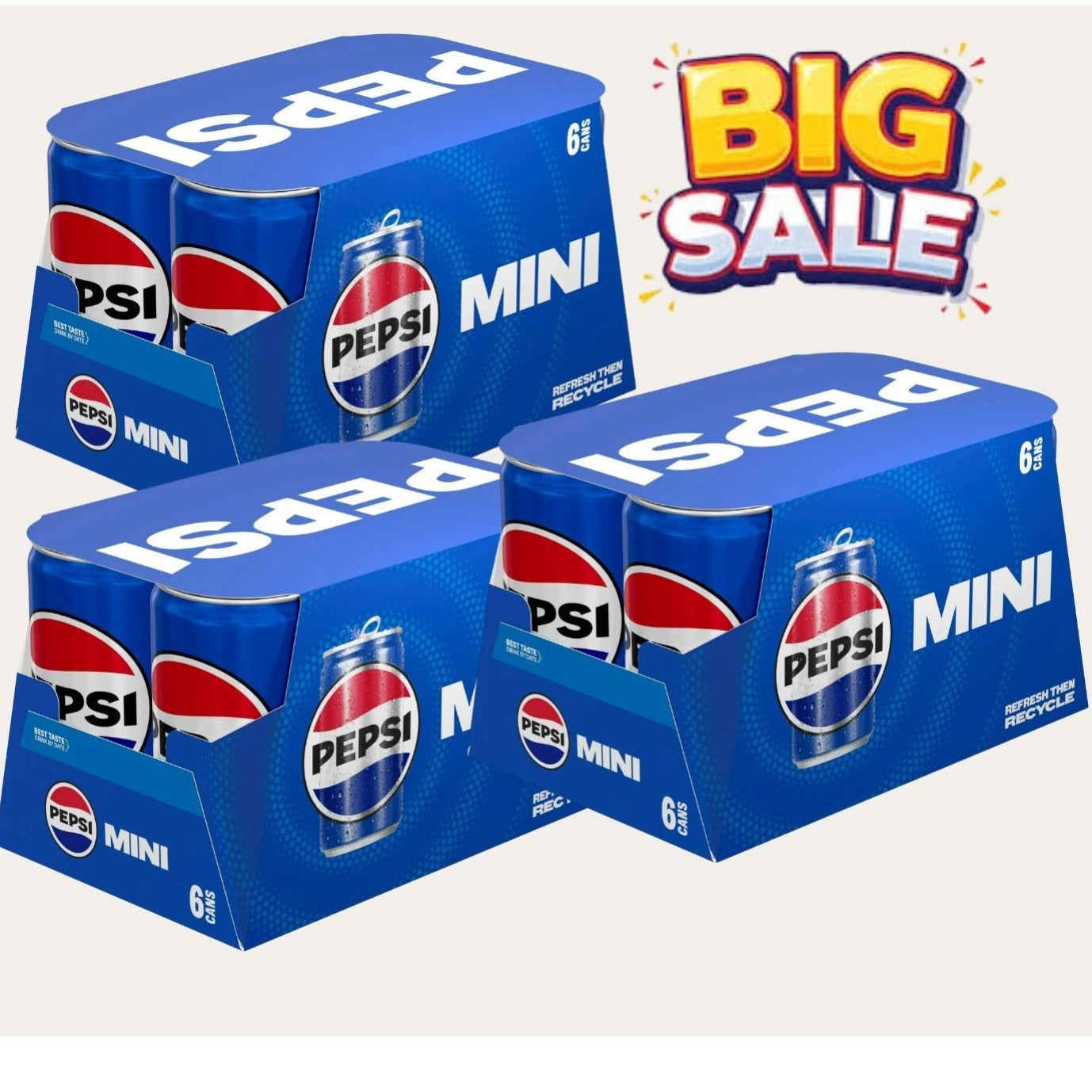 3 packs Pepsi Soda Pop Cola 7.5 fl oz 6 Pack, Paperboard, Allergens Not Contained (18 COUNT) TOTAL