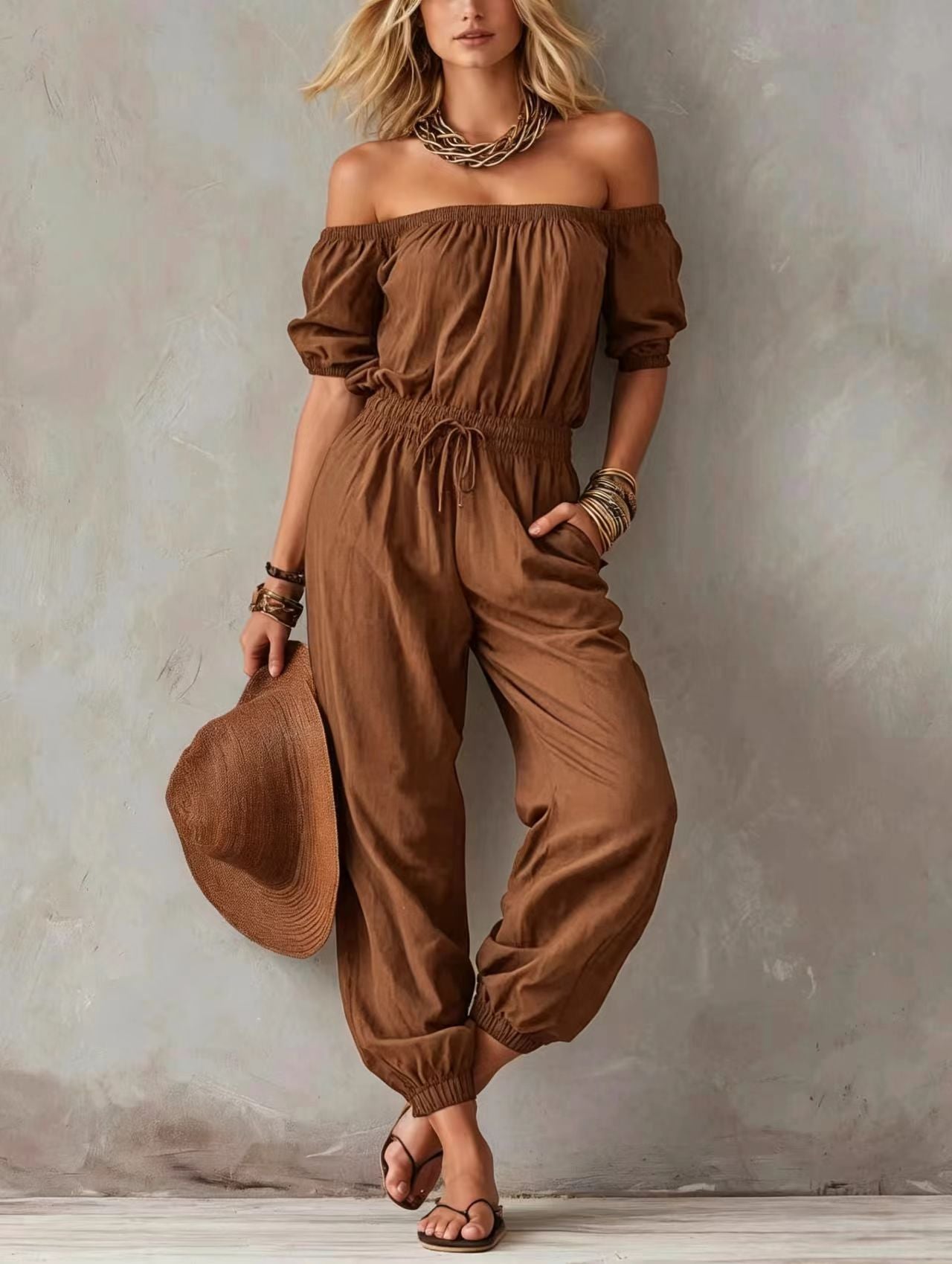 Off-shoulder Waist-cinching Lace-up Relaxed-fit Casual Jumpsuit