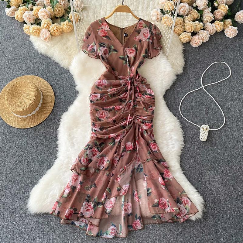 Fitted-waist Asymmetrical Floral Chiffon Mermaid Dress