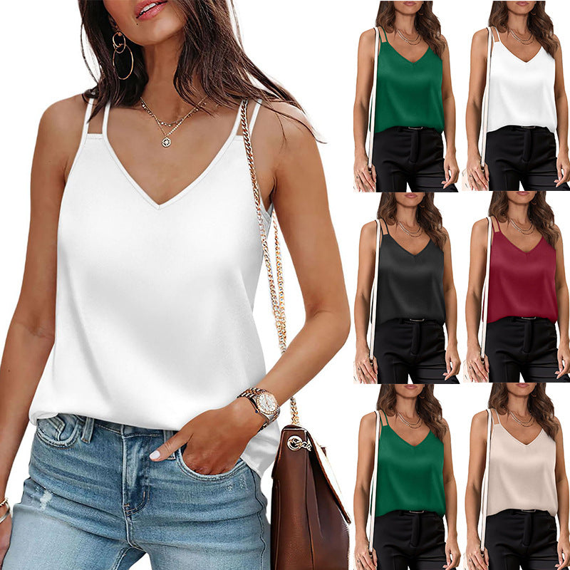 Solid-Color V‑Neck Camisole Loose‑Fit T‑Shirt – Soft Stretch Acetate, Relaxed Comfort