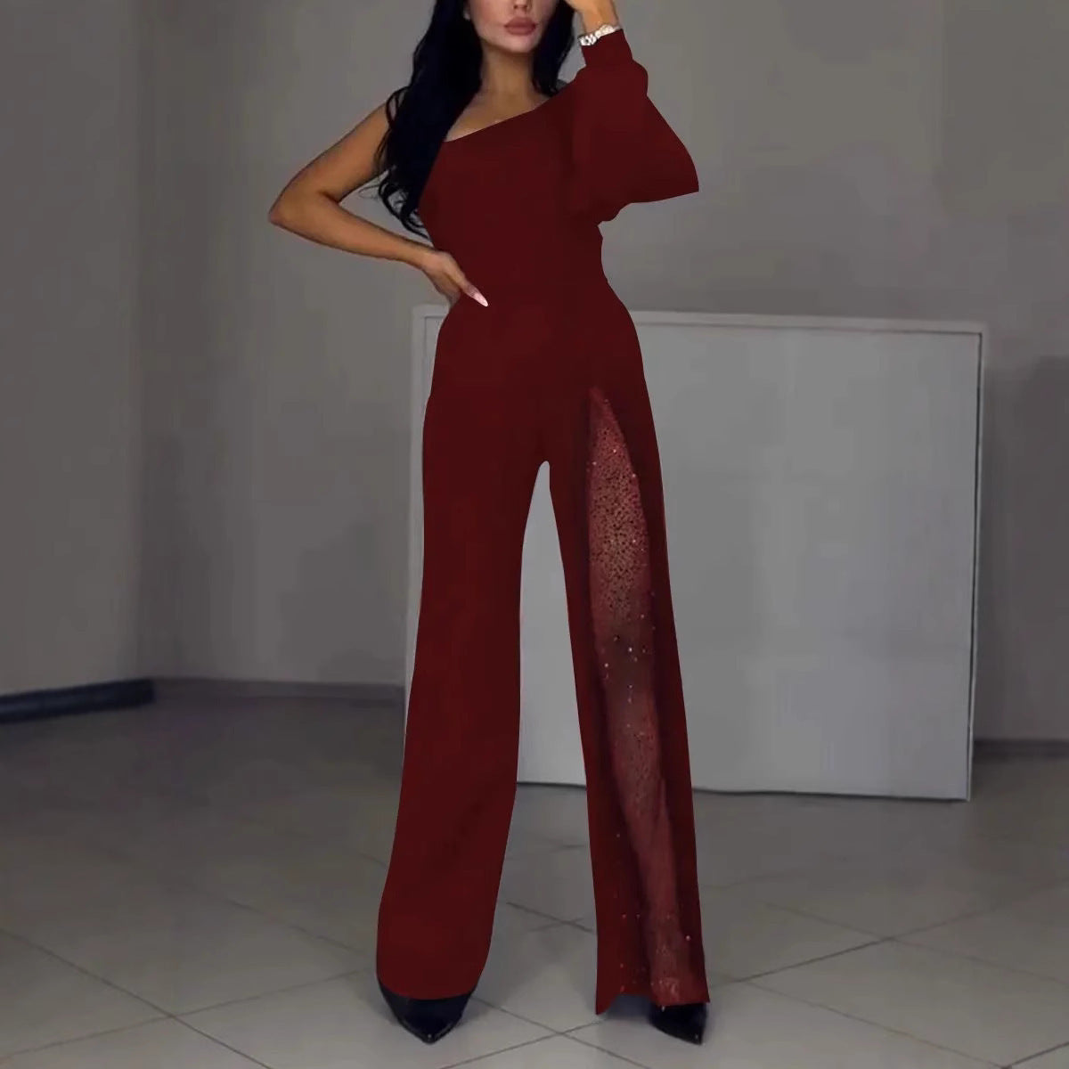 Sexy Oblique Shoulder High Slit Long Sleeve Jumpsuit