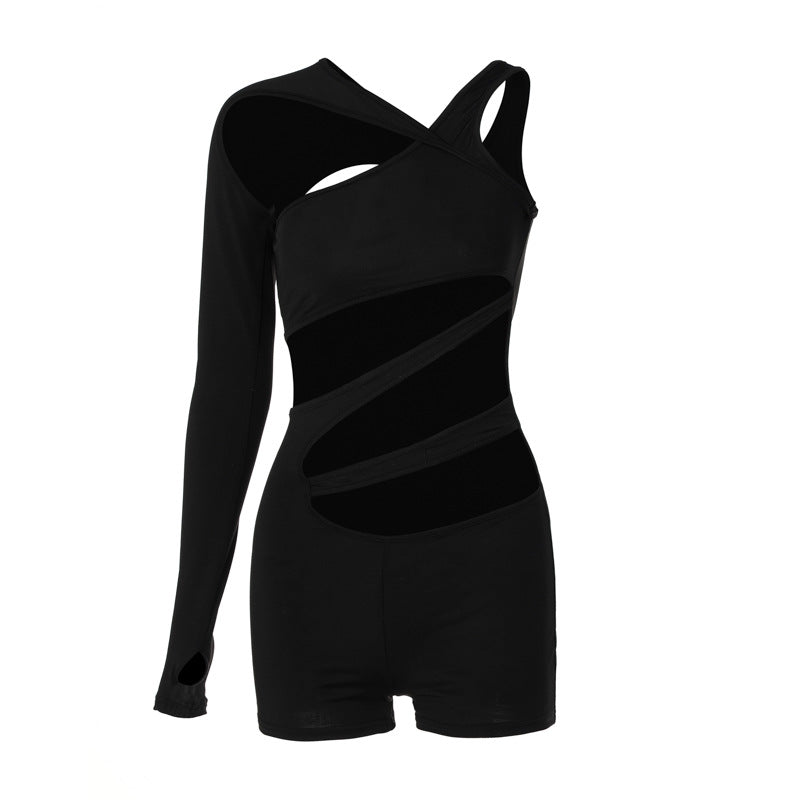 Solid Color Slim Shoulder Sleeve Short Jumpsuit