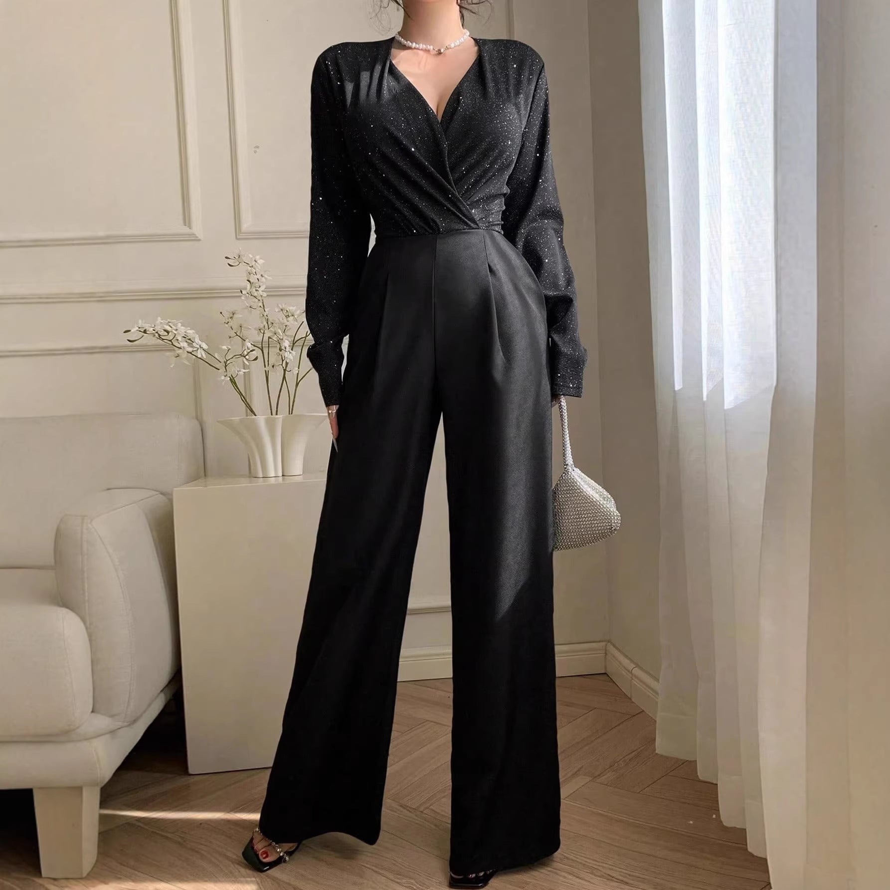 Elegant Long-Sleeve V-Neck Solid Jumpsuit