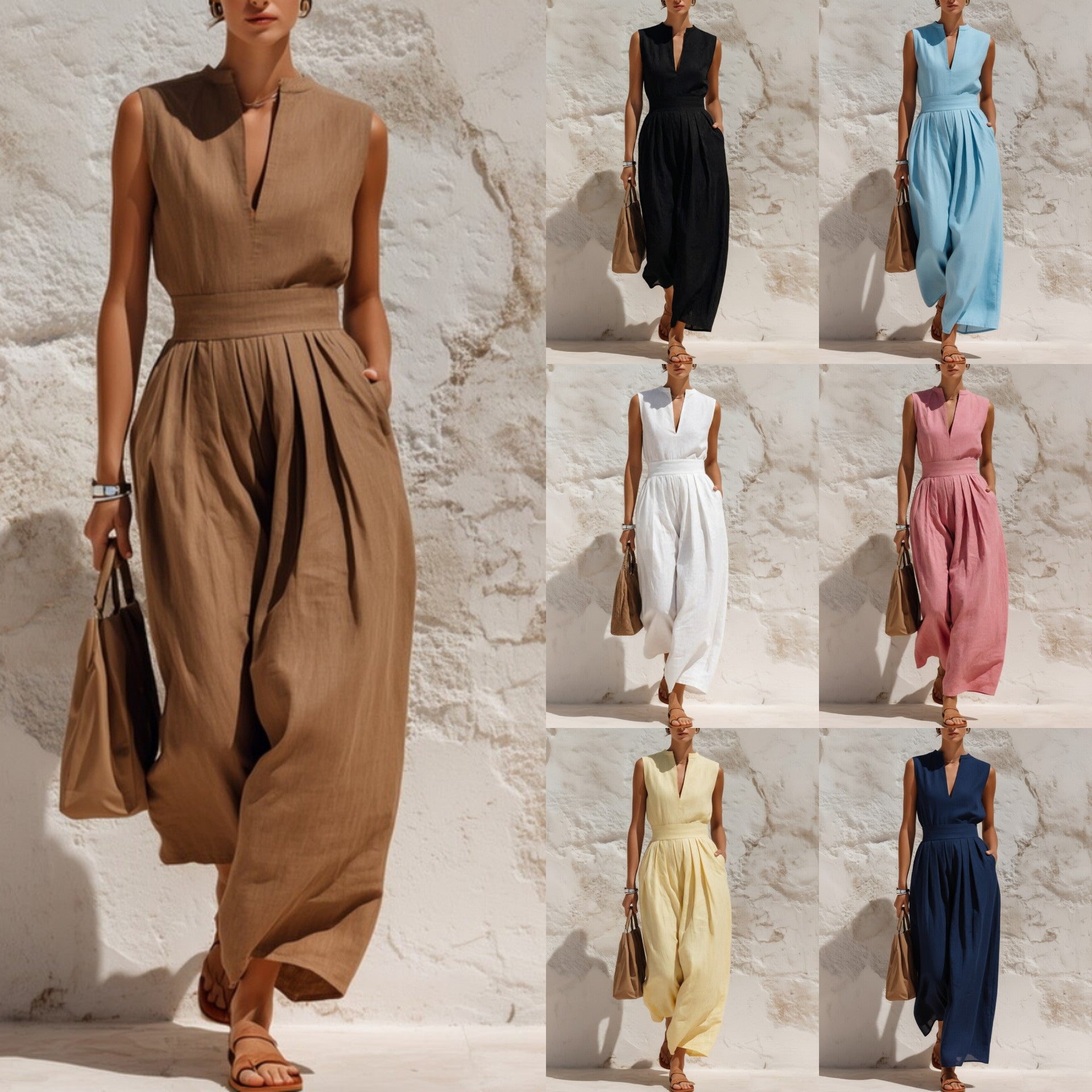 Sleeveless High-waisted Loose-fitting Wide-leg Pants Casual Jumpsuit For Women