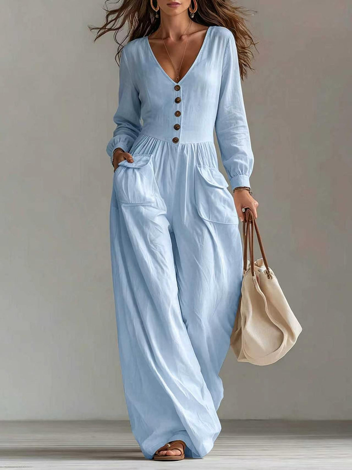 New Autumnwinter Casual Chic Womens V-neck Long-sleeve Jumpsuit With Pockets