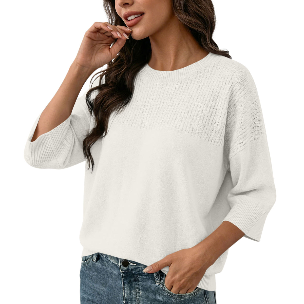 Round Neck Seven Quarter Sleeve Knitted Sweater for Women, Loose Fit and Slim Fit, Slim Fit Pullover Top