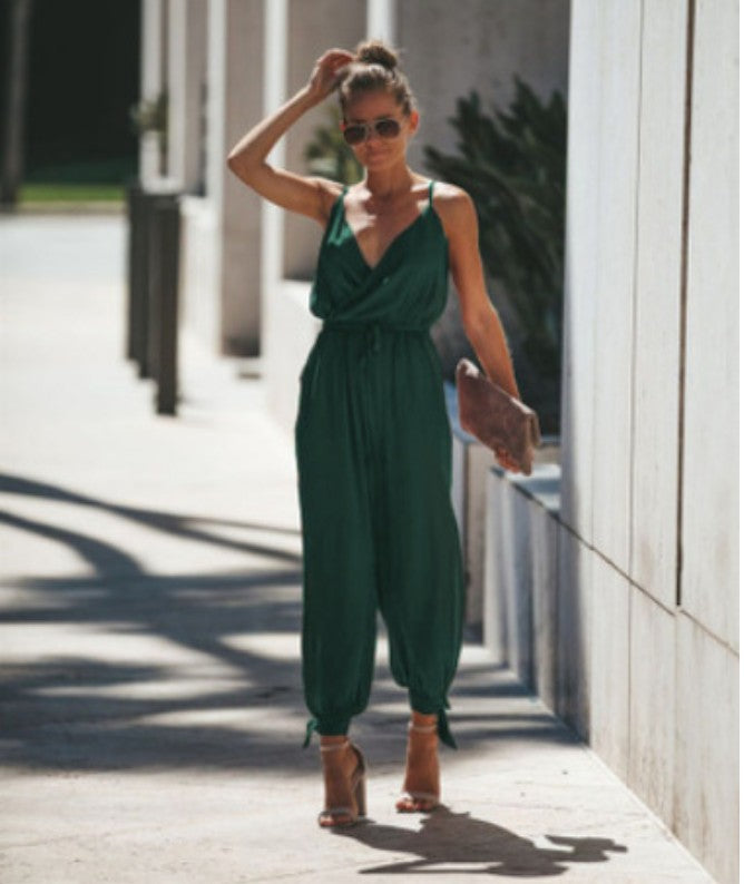 Sexy Backless V-Neck Printed Jumpsuit with Pockets
