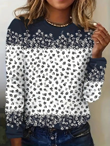 Gradient Floral Print Long Sleeve Round Neck Top