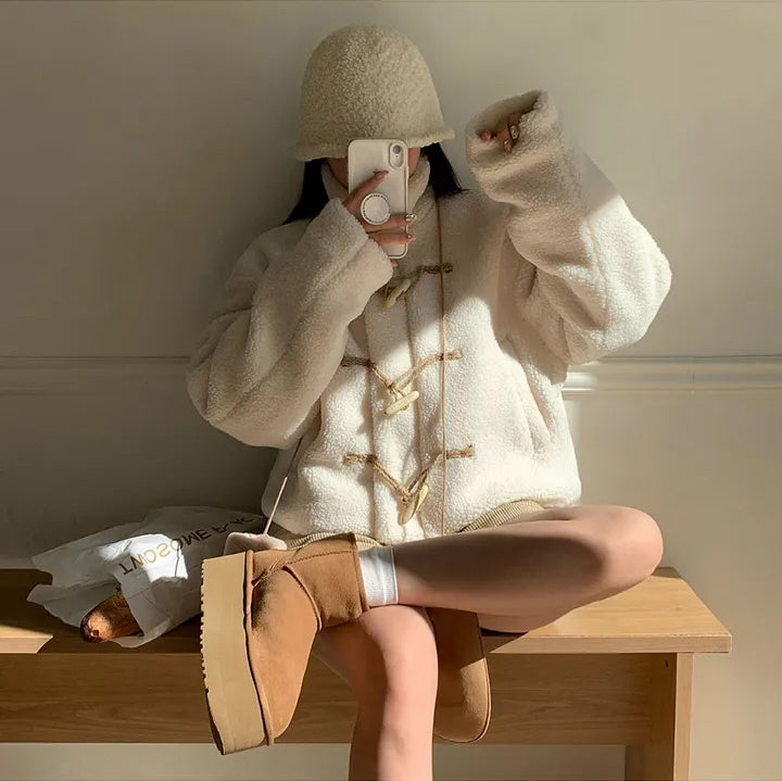 Women's Cozy Furry Winter Coat with Horn Buttons