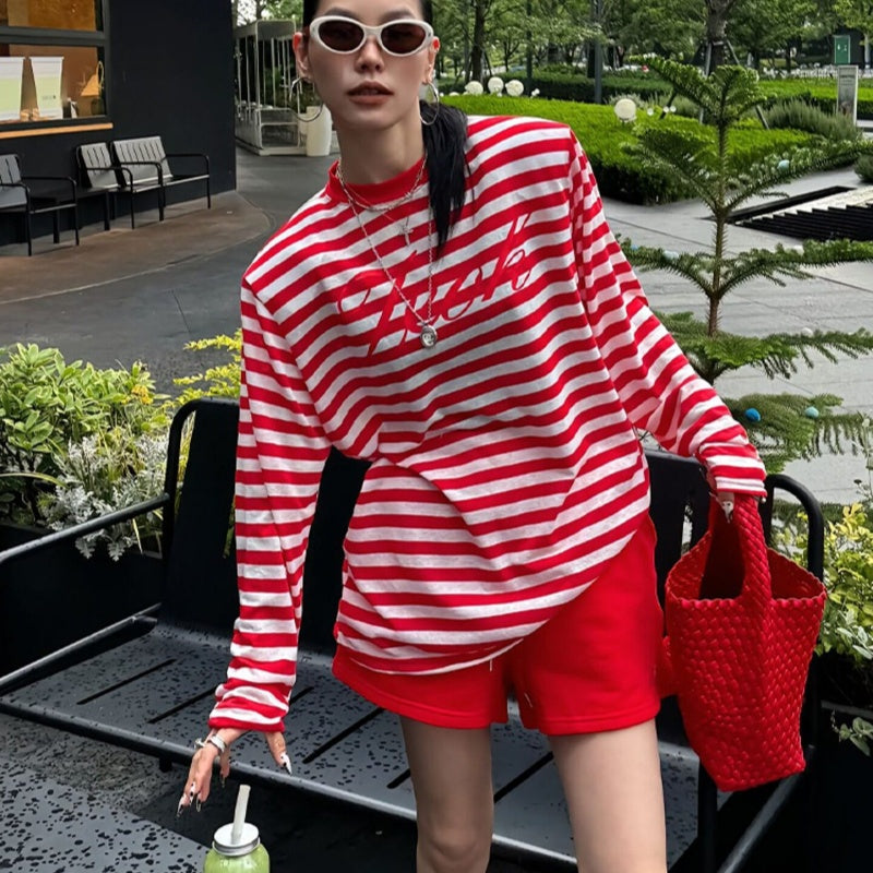 Red Striped Long‑Sleeve Top – Flattering Loose Fit for Every Body