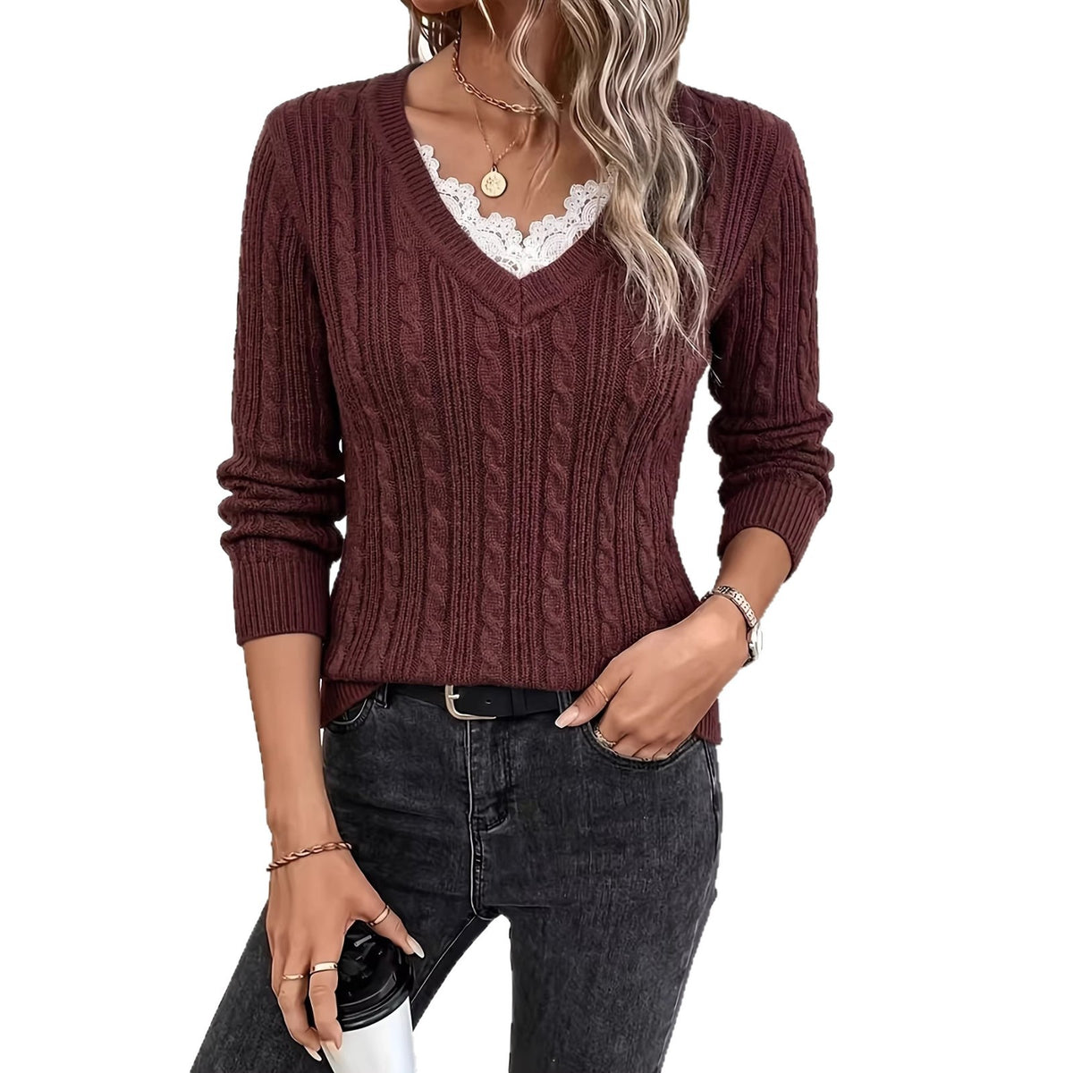 Fake Two-piece Lace V-neck Knit Top Versatile Bottoming Sweater