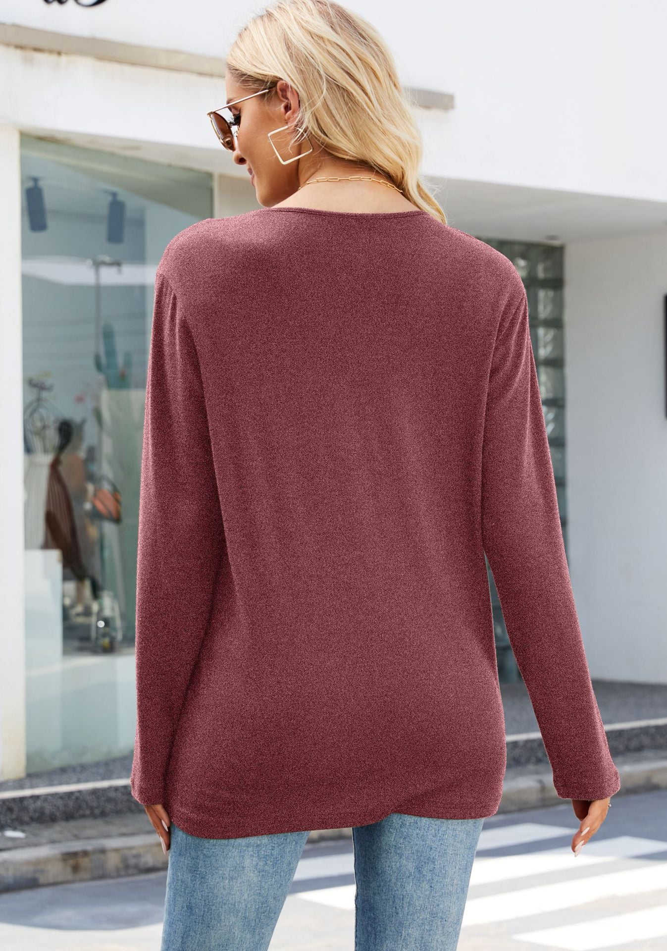 Women's Casual V-Neck Long Sleeve Loose Solid T-Shirt
