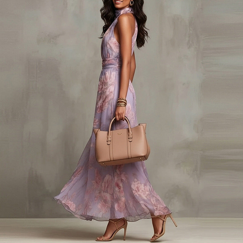 Elegant Summer Halter Neck Sleeveless Printed Long Dress