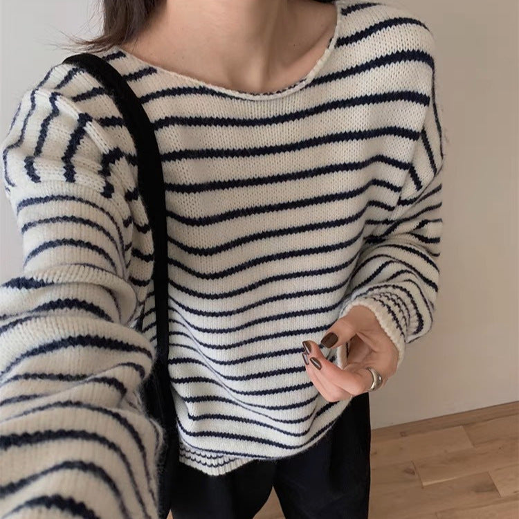 Korean-style Striped Knitted Casual Sweater Top for Women