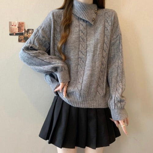 Womens Turtleneck Straight Shoulder Cableknit Sweater