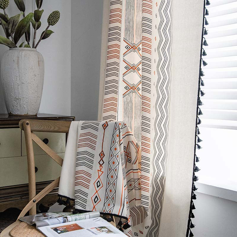 Boho Cream Cotton and Linen Print Sun Shade Non-punched Curtain Fabric