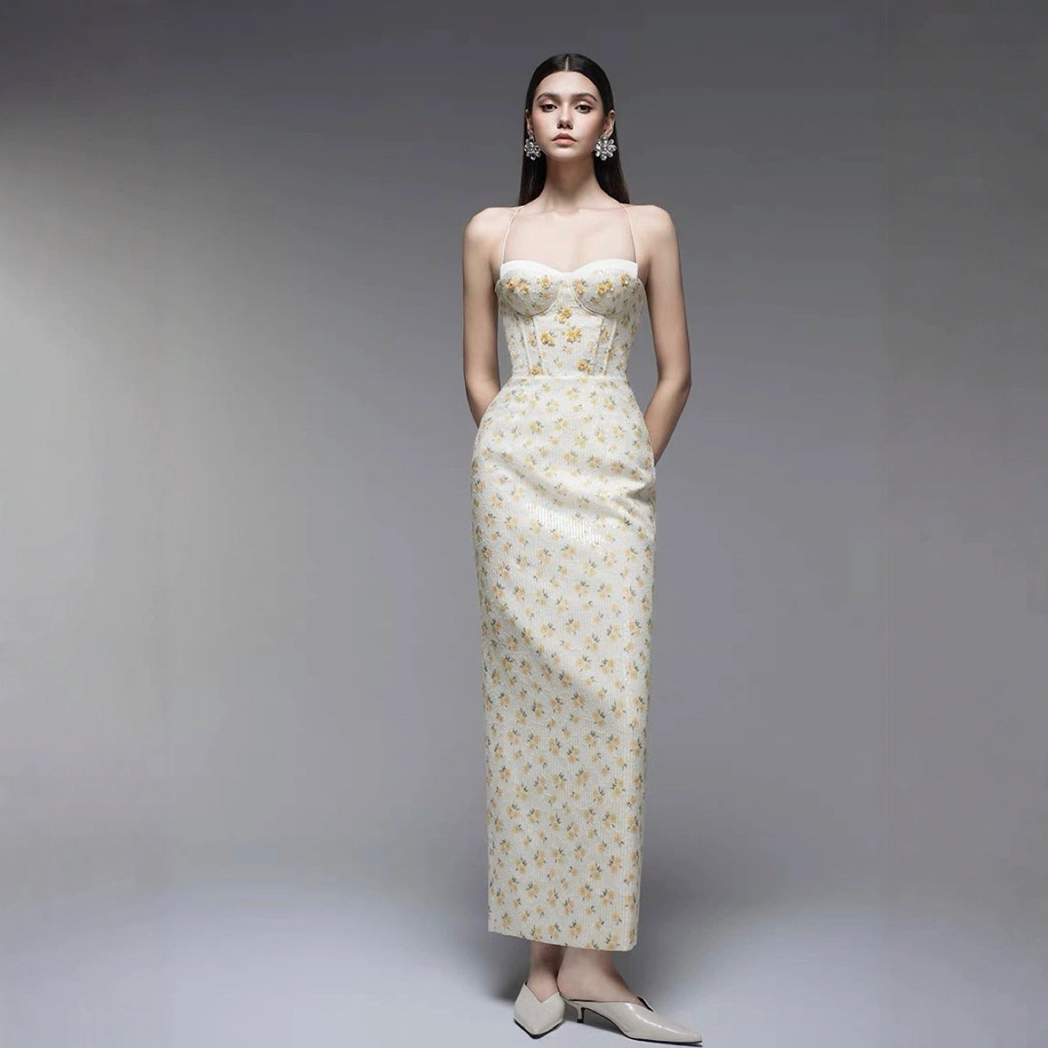Yellow Floral Beaded Halter Corset Bodycon Dress