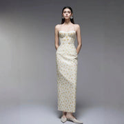 Yellow Floral Beaded Halter Corset Bodycon Dress