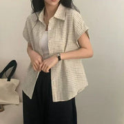 Korean‑Style Retro Color‑Block Plaid Short‑Sleeve Shirt