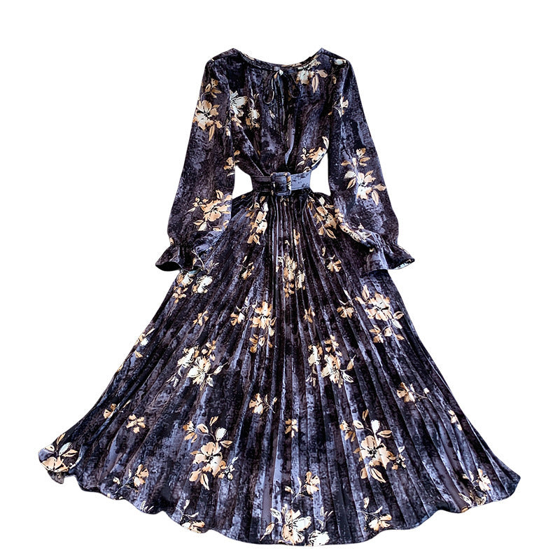 Printed Crew-neck Dress, Autumnwinter Style with a Cinched Waist, Figure-flattering Wide Pleated Skirt