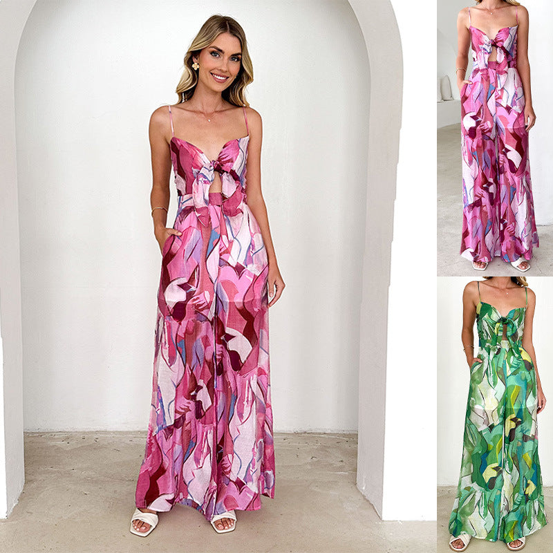 Printing Shoulder Girdle Hollow Out Tied Jumpsuit