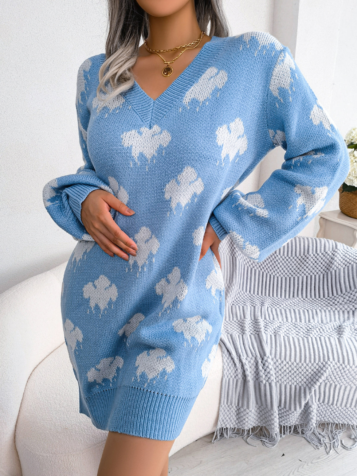 Women's Color-blocked Cloud Lantern Sleeve Knitted Slip Dress