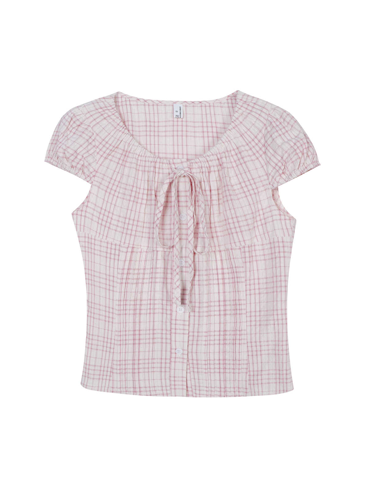 Lace-up Bow Puff Sleeve Retro Plaid Shirt
