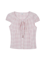 Lace-up Bow Puff Sleeve Retro Plaid Shirt