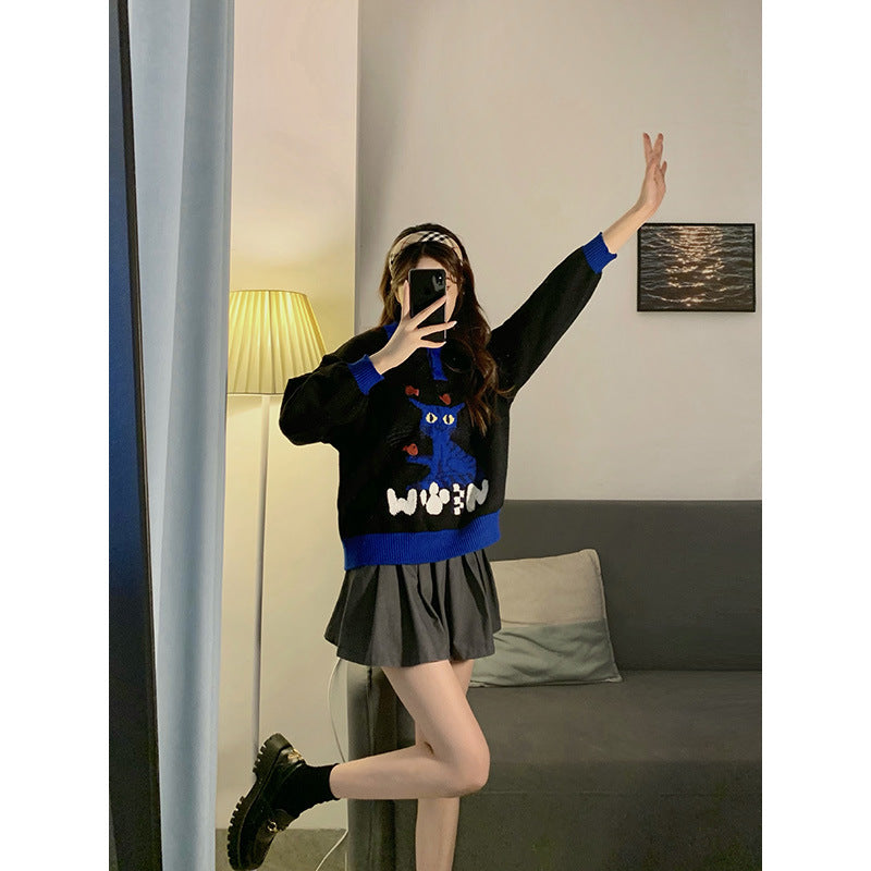 New Polo Collar Idle Style Pullover Machine Embroidery Cartoon Cat Sweater Top