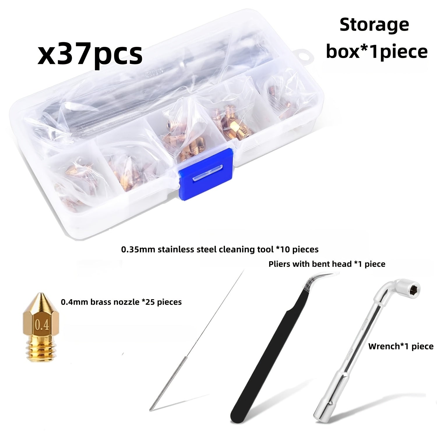 36‑Piece Brass Nozzle Kit for Ender 3, CR‑10, MK8 – Includes 0.4 mm Nozzles, Cleaning Needle and Wrench