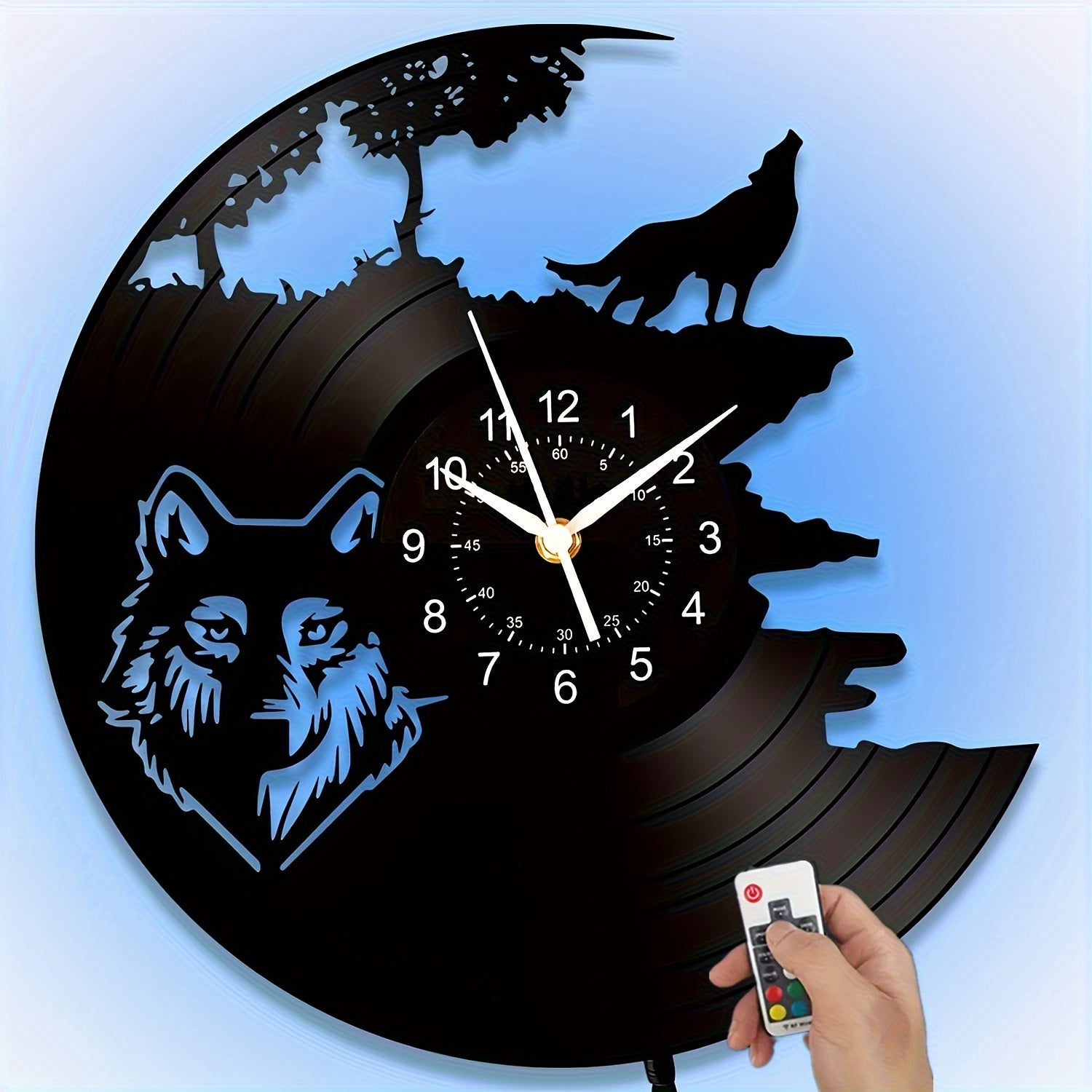 Wolf Vinyl Wall Clock Gifts for Holiday, LED Wall Clock Decorative  Silent Non Ticking Time Clock for Living Room Kitchen Bedroom, Art Unique Gifts for Men Women for Birthday Wall Decor  For Birthday, Halloween, Christmas, For Living Room Bedroom