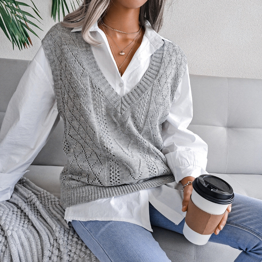 European & American Hollow Out Cable Knit V-neck Sleeveless Sweater