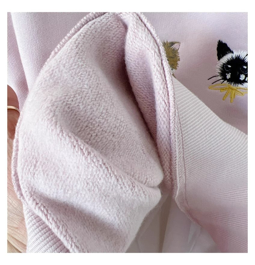 Cute Kitten Embroidered Loose Streetwear Sweater Coat