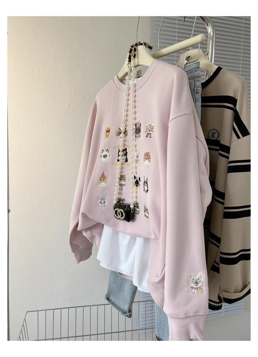 Cute Kitten Embroidered Loose Streetwear Sweater Coat