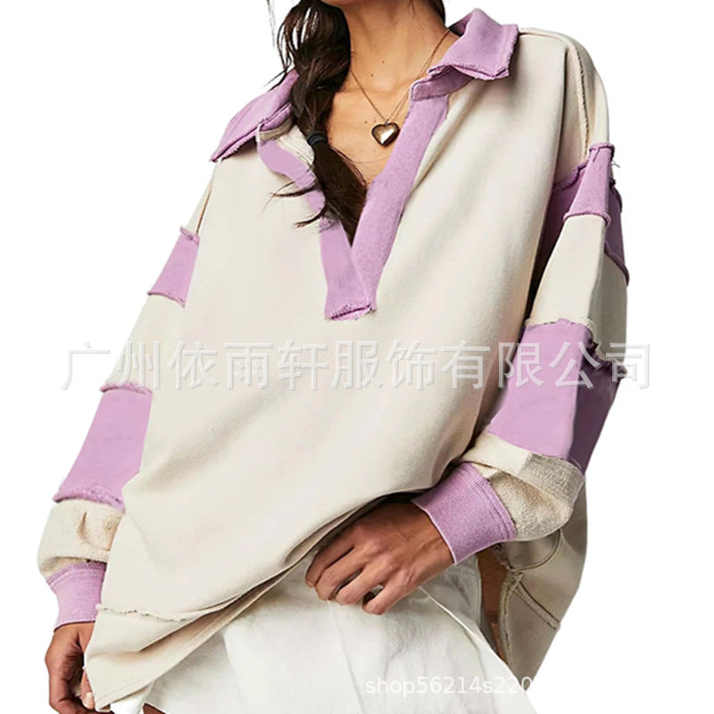 Chic V-Neck Colorblock Long Sleeve Split Hem Casual Sweater