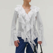 Elegant Ruffled Hem Long-Sleeve Top – Classic French Vintage Style