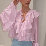 Elegant French Ruffle‑Neck Cardigan Shirt for Women – Loose Fit, Pink
