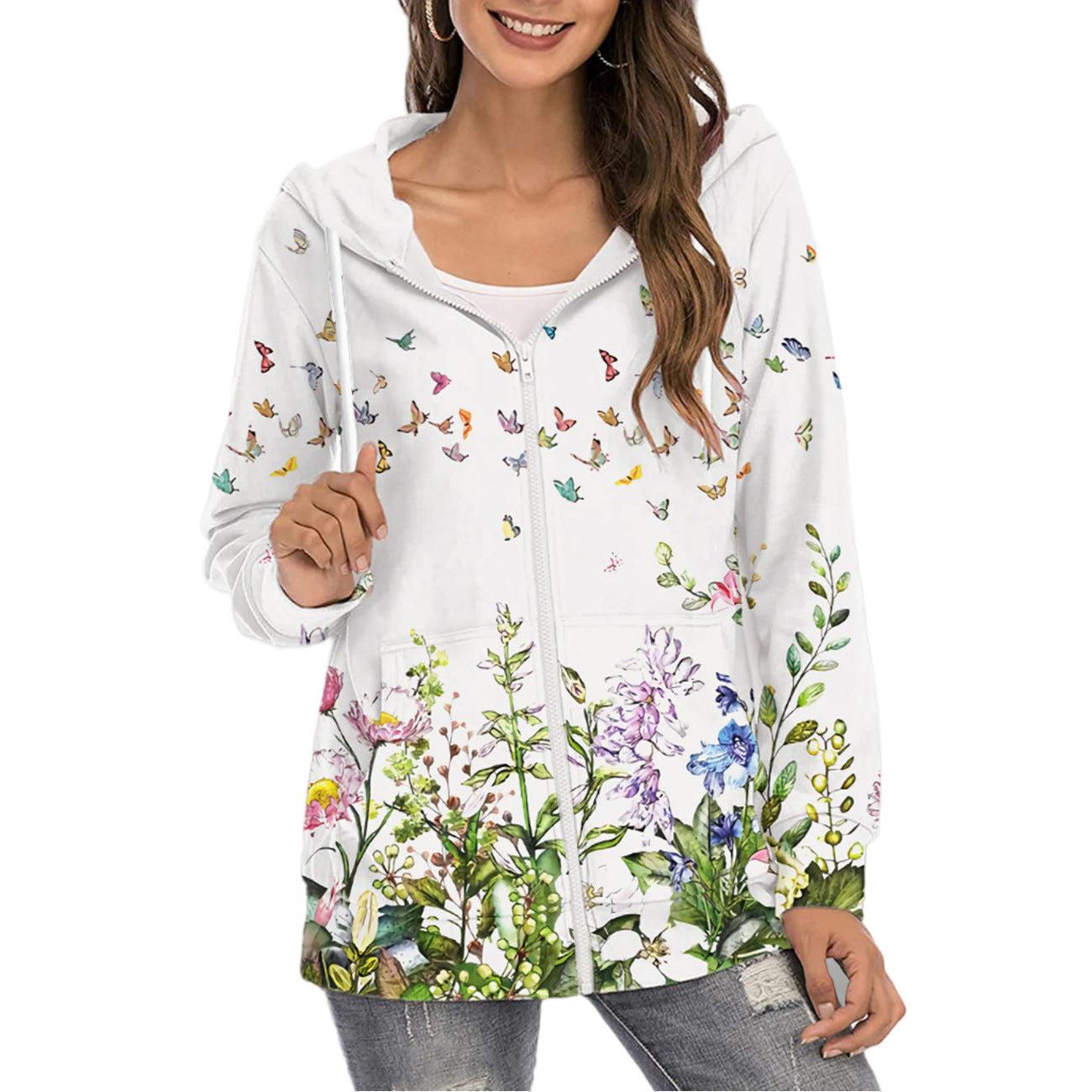 Women's Gradient Floral Print Zipper Commuter Hoodie