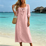 Womens Cotton-linen Solid-color Casual Dress with Bow