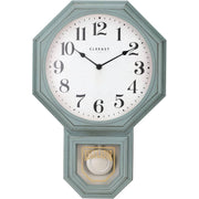 Antique Aged Teal Green Pendulum Wall Clock - Large Schoolhouse Regulator Clock with pendulum, Irregular Octagonal/Hexagon-like face, ABS Plastic Frame & Mente-like Hands, 12-Number for Home, Office, Classroom - Housewarming Gift