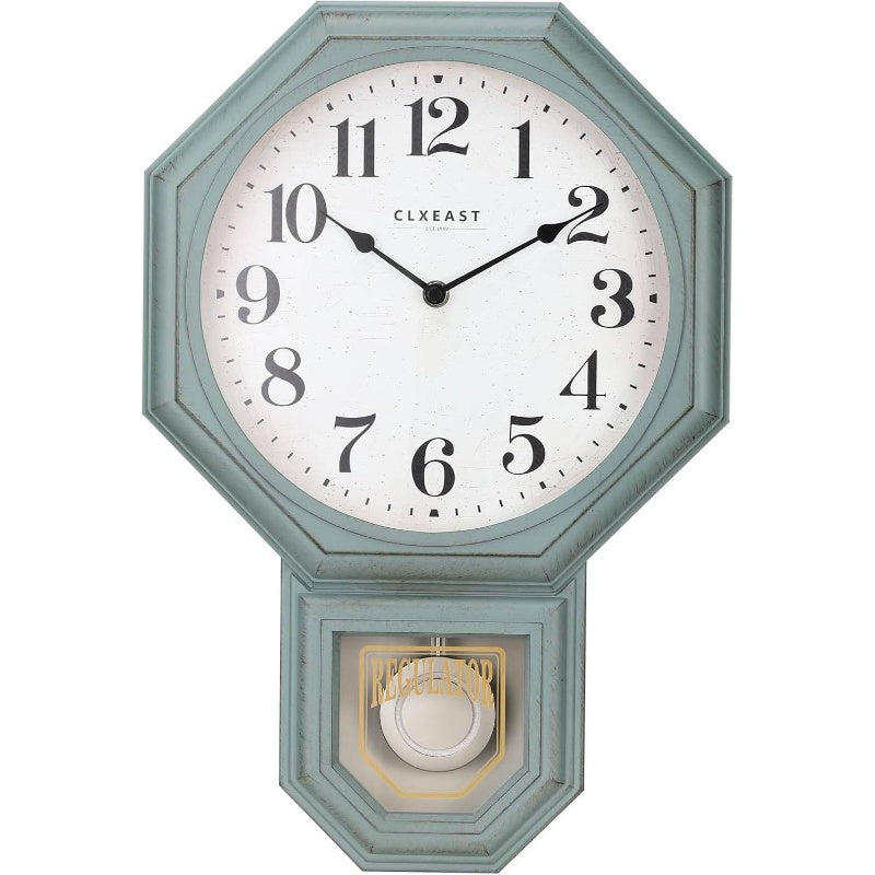 Antique Aged Teal Green Pendulum Wall Clock - Large Schoolhouse Regulator Clock with pendulum, Irregular Octagonal/Hexagon-like face, ABS Plastic Frame & Mente-like Hands, 12-Number for Home, Office, Classroom - Housewarming Gift